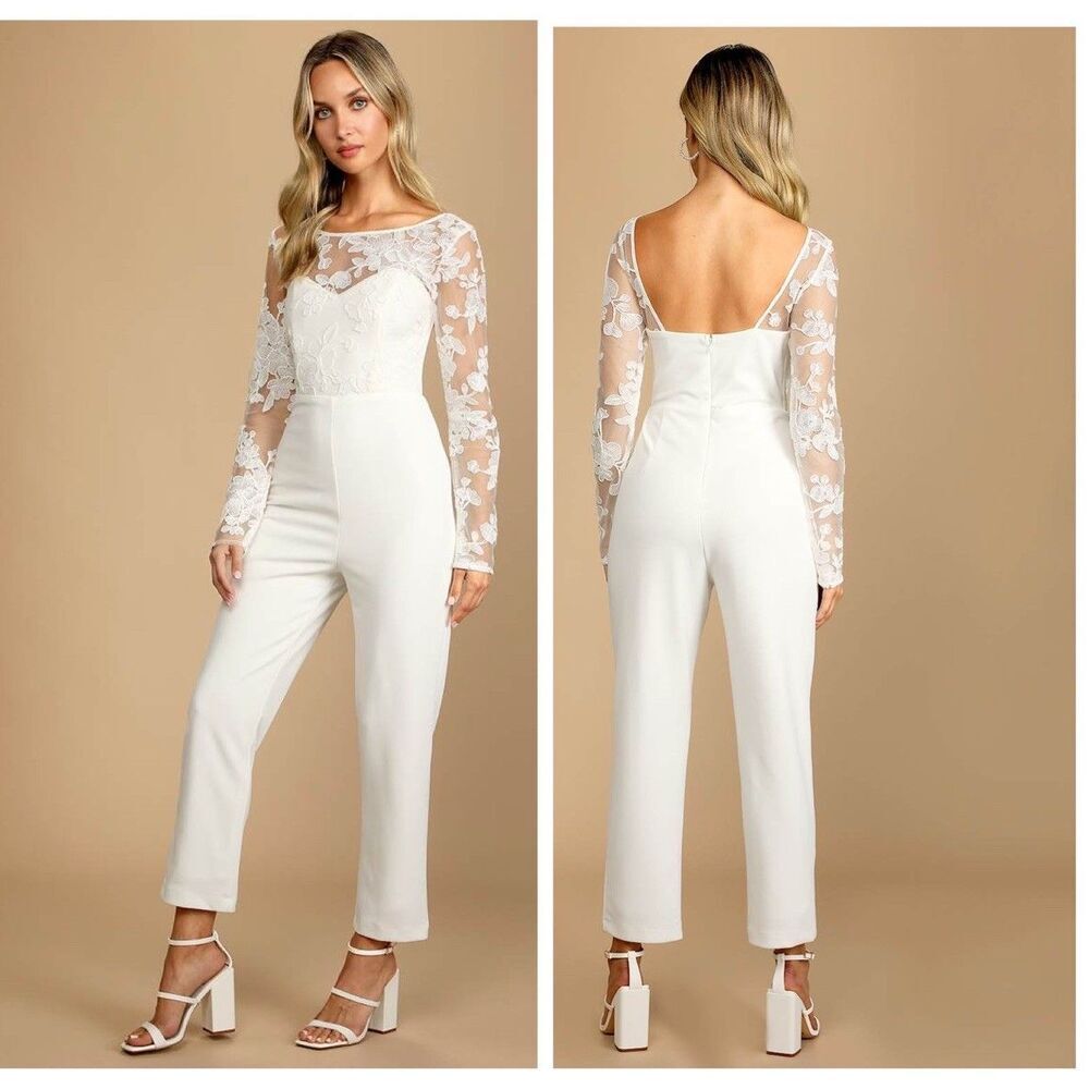Lulus Write Your Own Romance White Embroidered Long Sleeve Jumpsuit Size Small